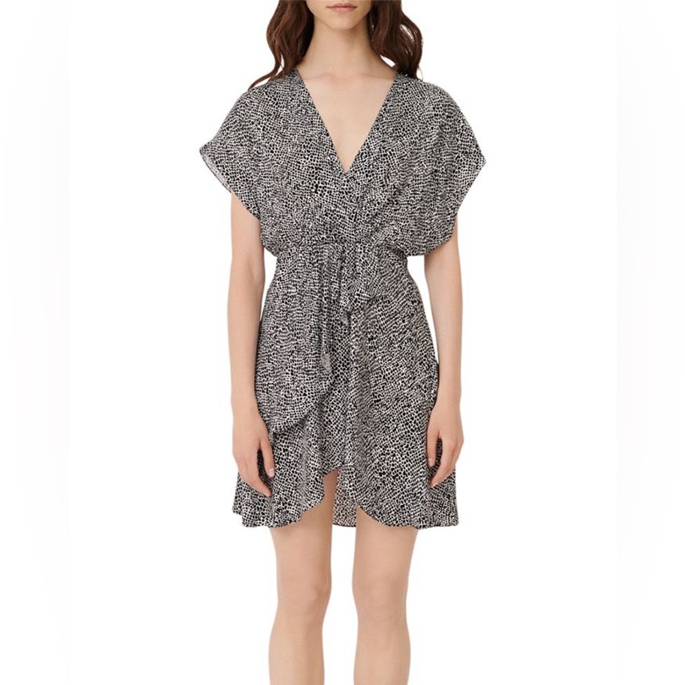 MAJE Romela assymetric faux wrap high low hem dot print dress size 40 Large / L